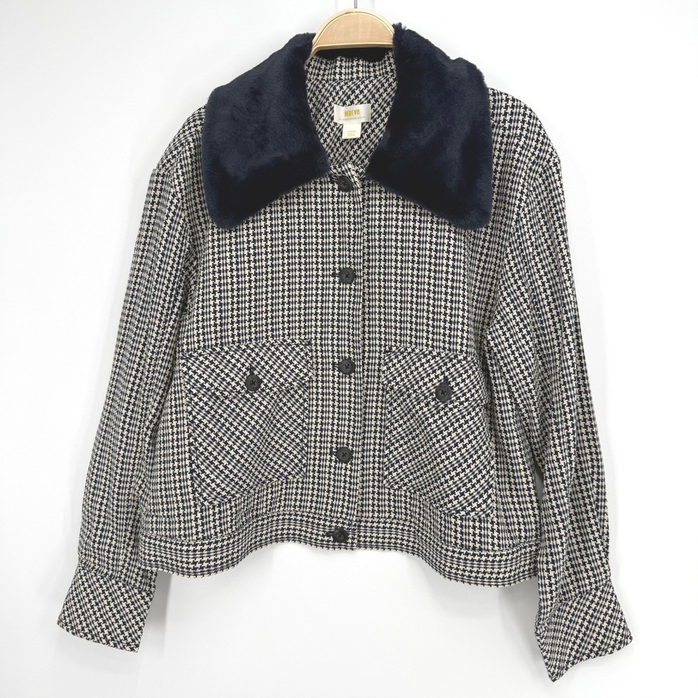 Maeve Anthropologie Jacket Women Large Navy Houndstooth Faux Fur Trim NWT